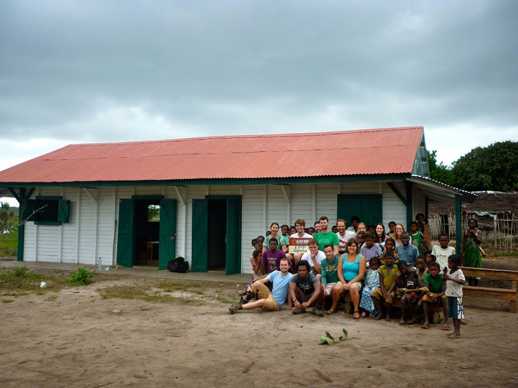 Outside the newly repaired school at Agnena